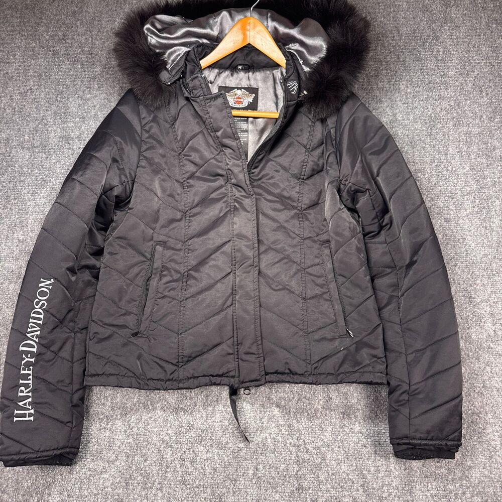 Harley Davidson Womens M Jacket 97427-08VW Genuine Fox Fur Hood Corset
